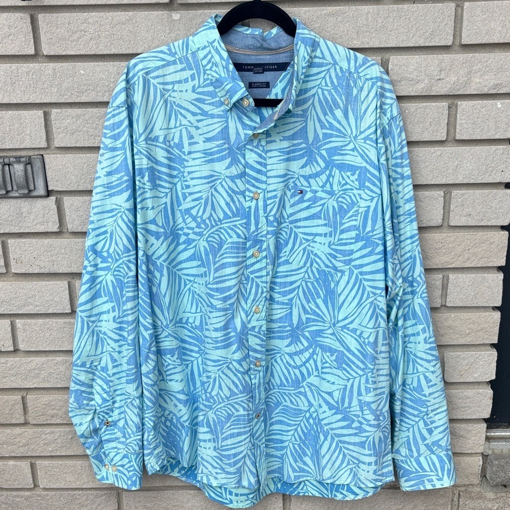 Tommy Hilfiger Light Blue Hawaiian Print Long Sleeve Button Down Shirt SzXL